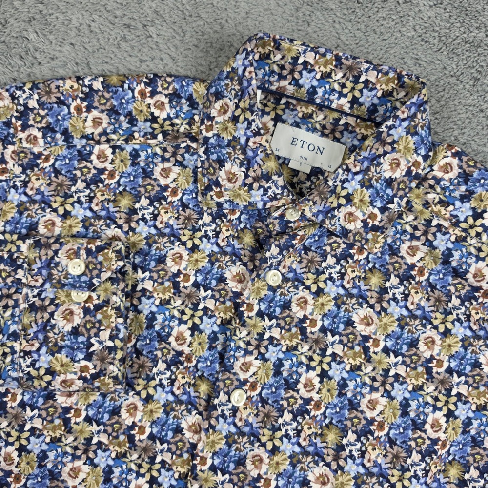 Eton Floral Dress Shirt Mens 15 S Blue Slim Fit Long Sleeve Cotton Button Down